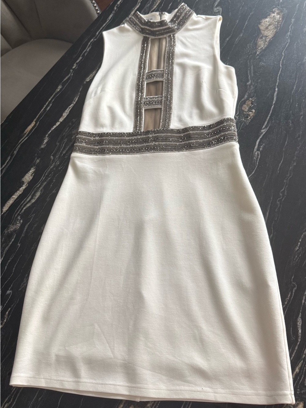 bebe White Mini Dress with Smoked crystal  Embellished Trim